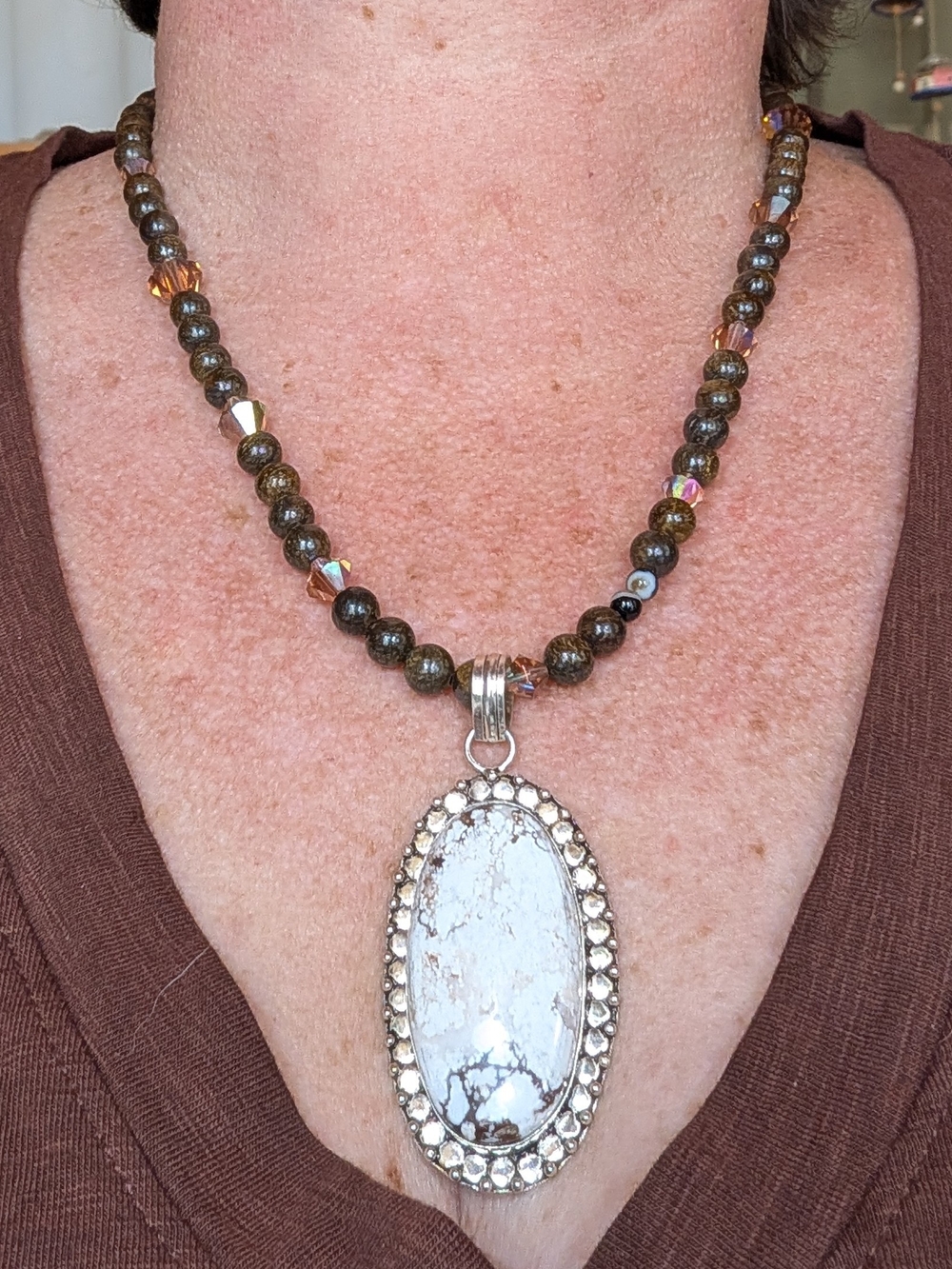 Beaded Brown Necklace with White Howlite Pendant